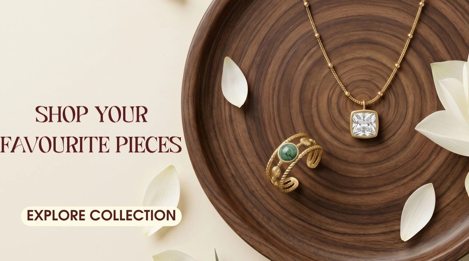 Jewelry set including a necklace and ring on a wooden surface with text to shop jewelry.