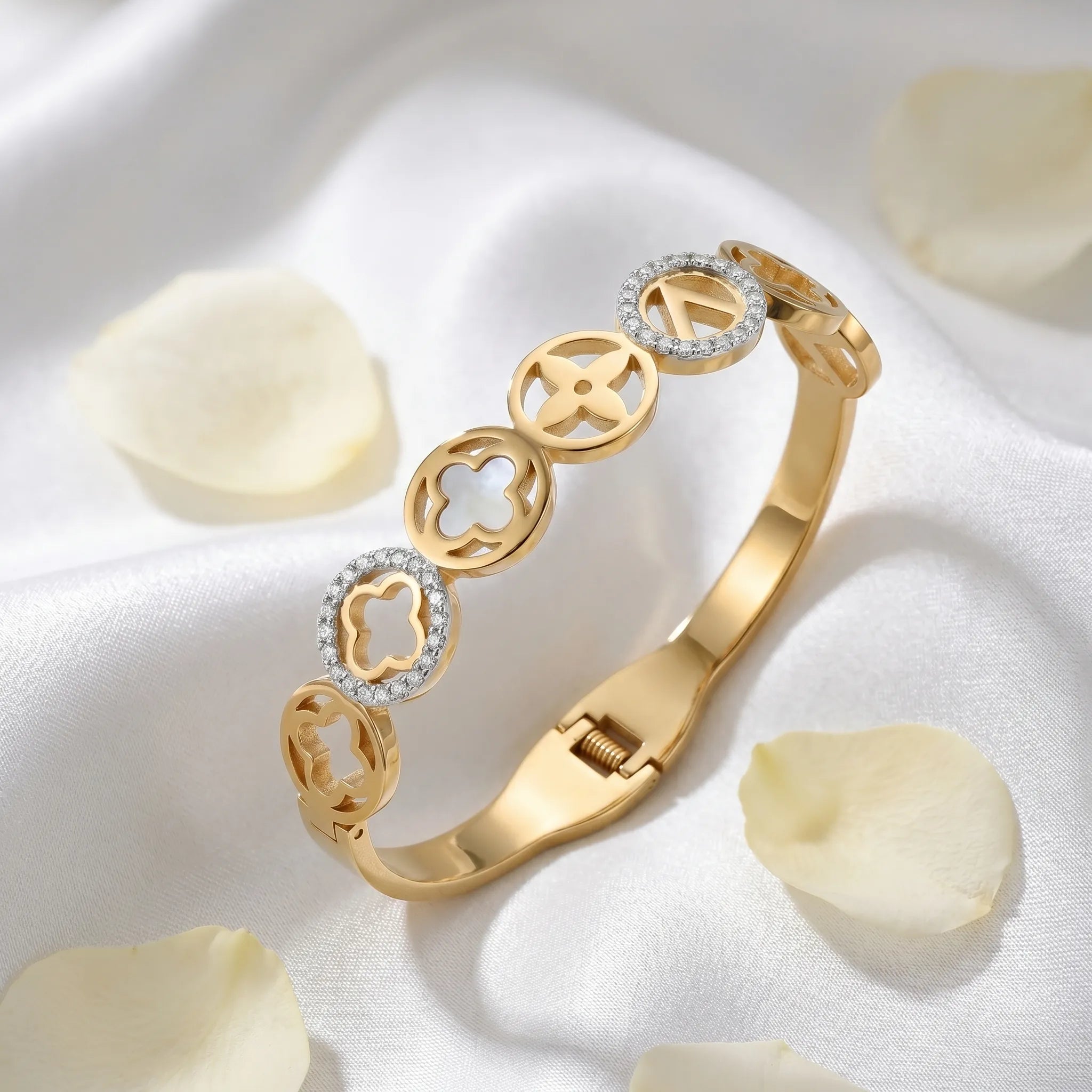White Enamel Floral Bangle – 18K Gold Plated