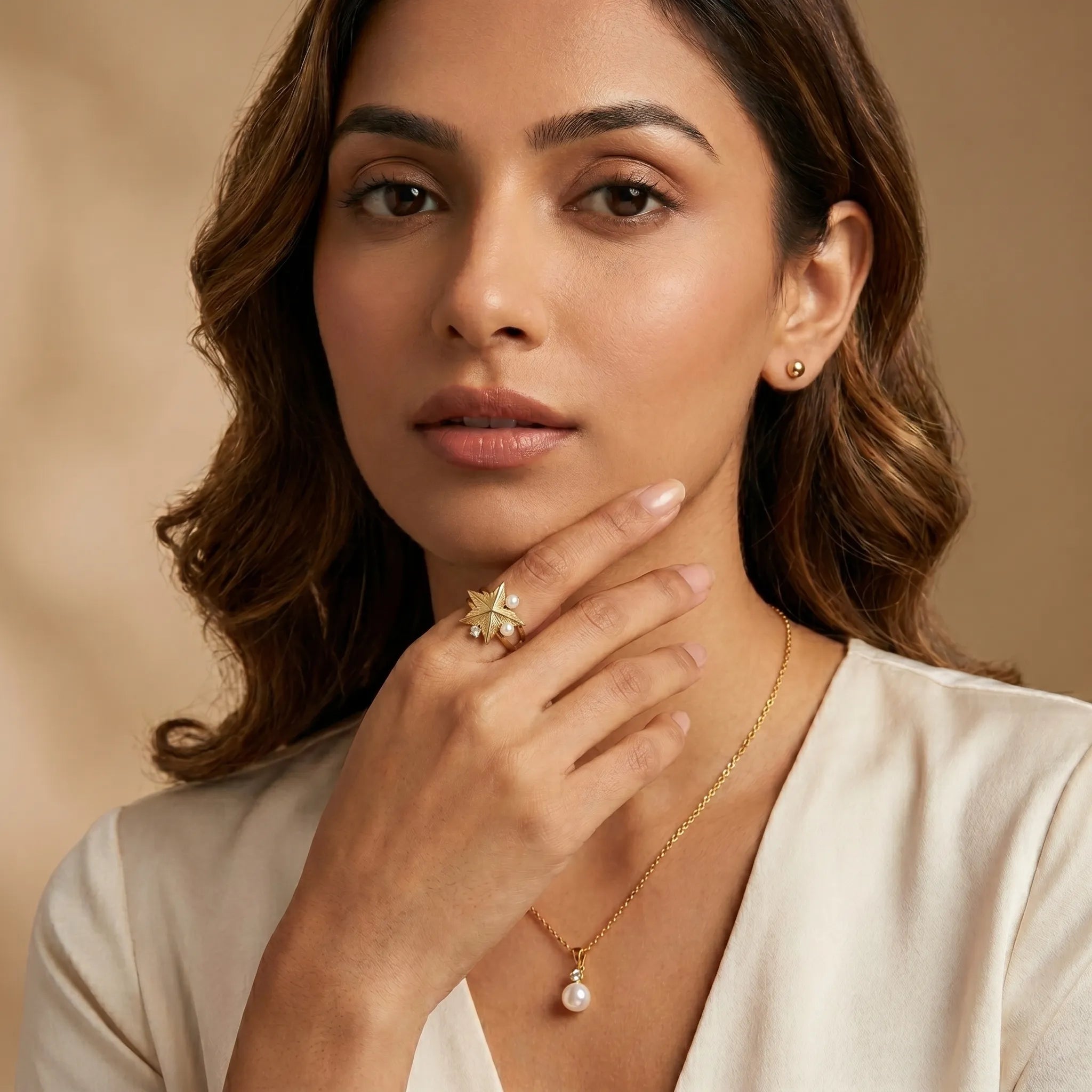 Celestial Star & Pearl Ring – 18K Gold Plated