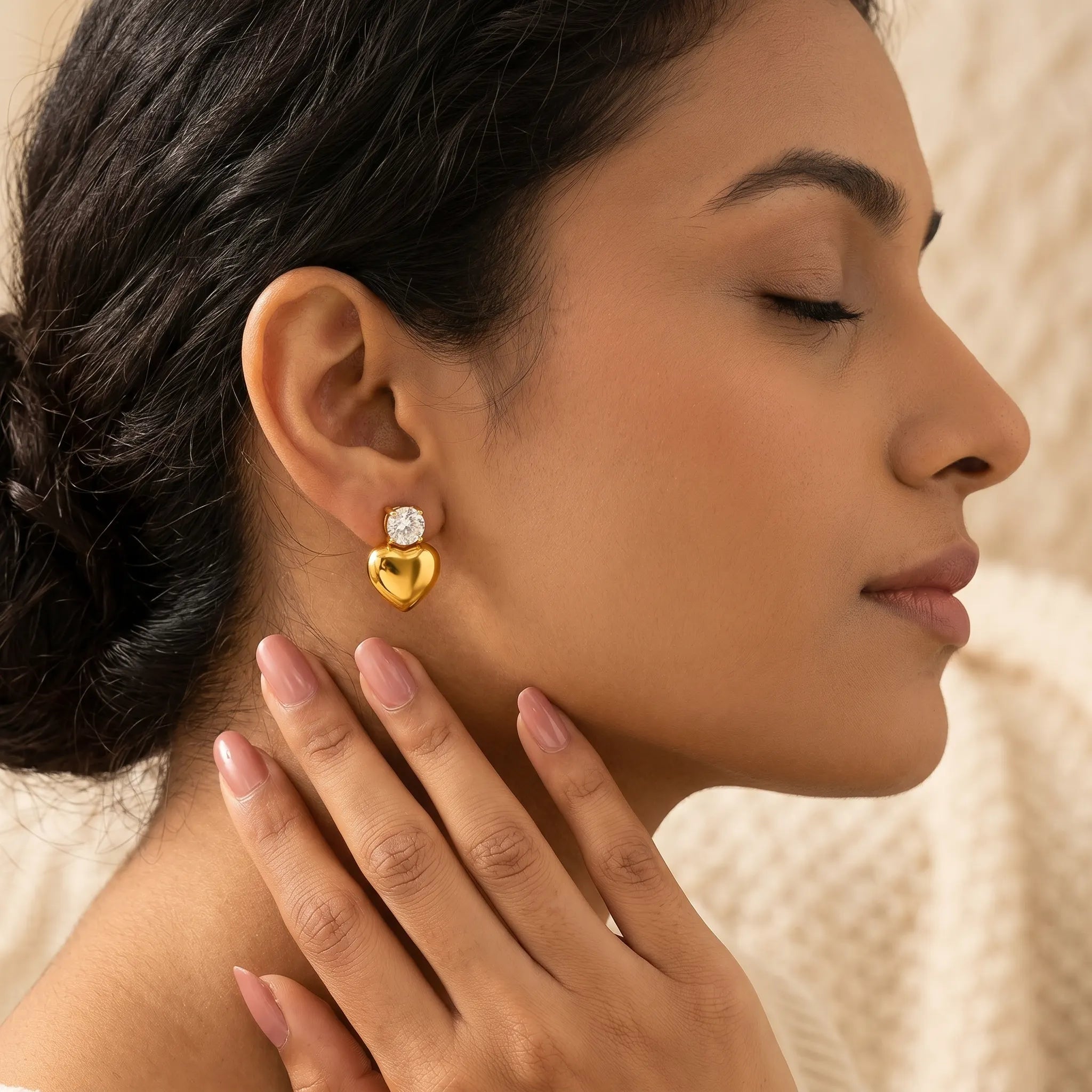 Crystal Heart Drop Gold Stud Earrings – 18K PVD Gold Plated