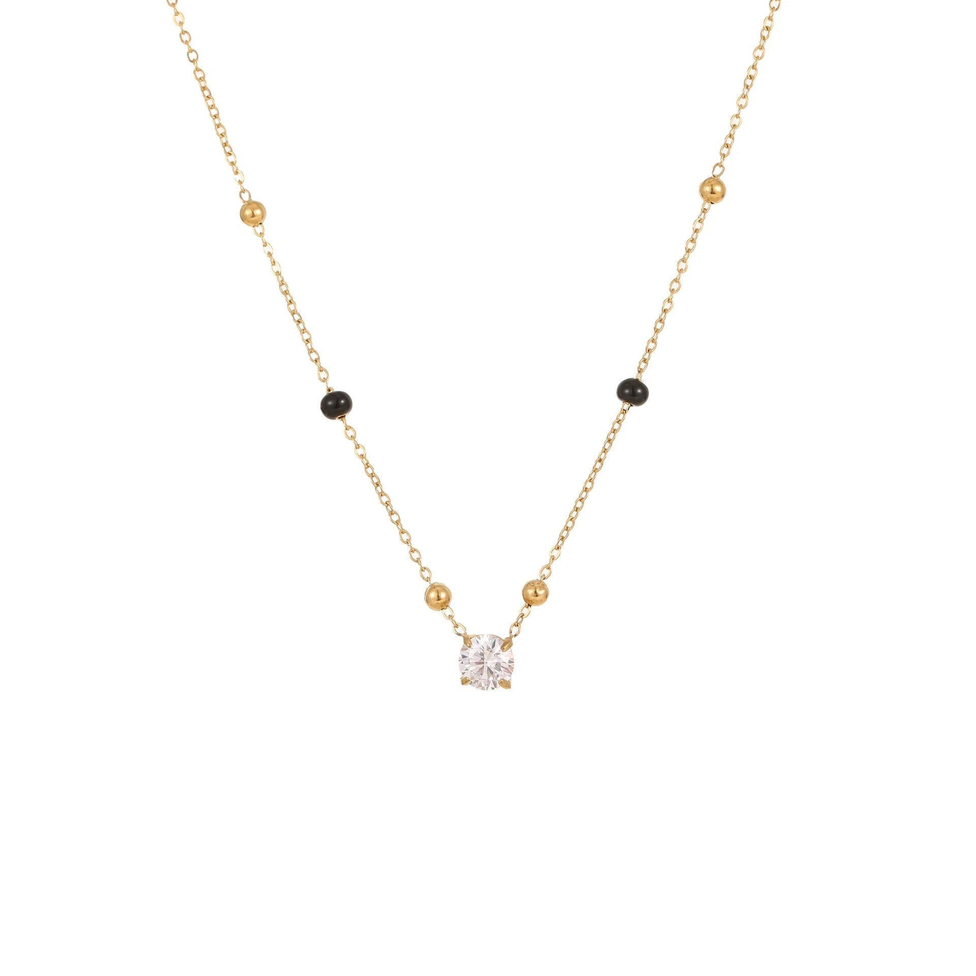 Solitaire Beaded Chain Necklace – 18K PVD Gold Plated