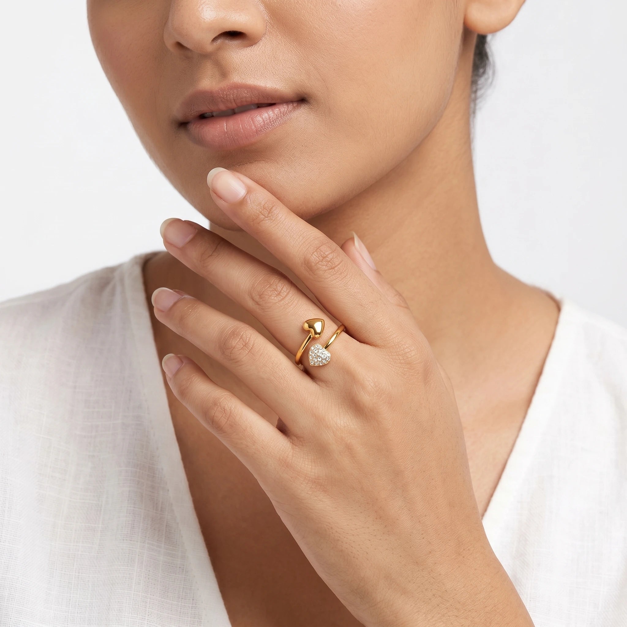 Dual Heart Pave Crystal Bypass Ring – 18K PVD Gold Plated