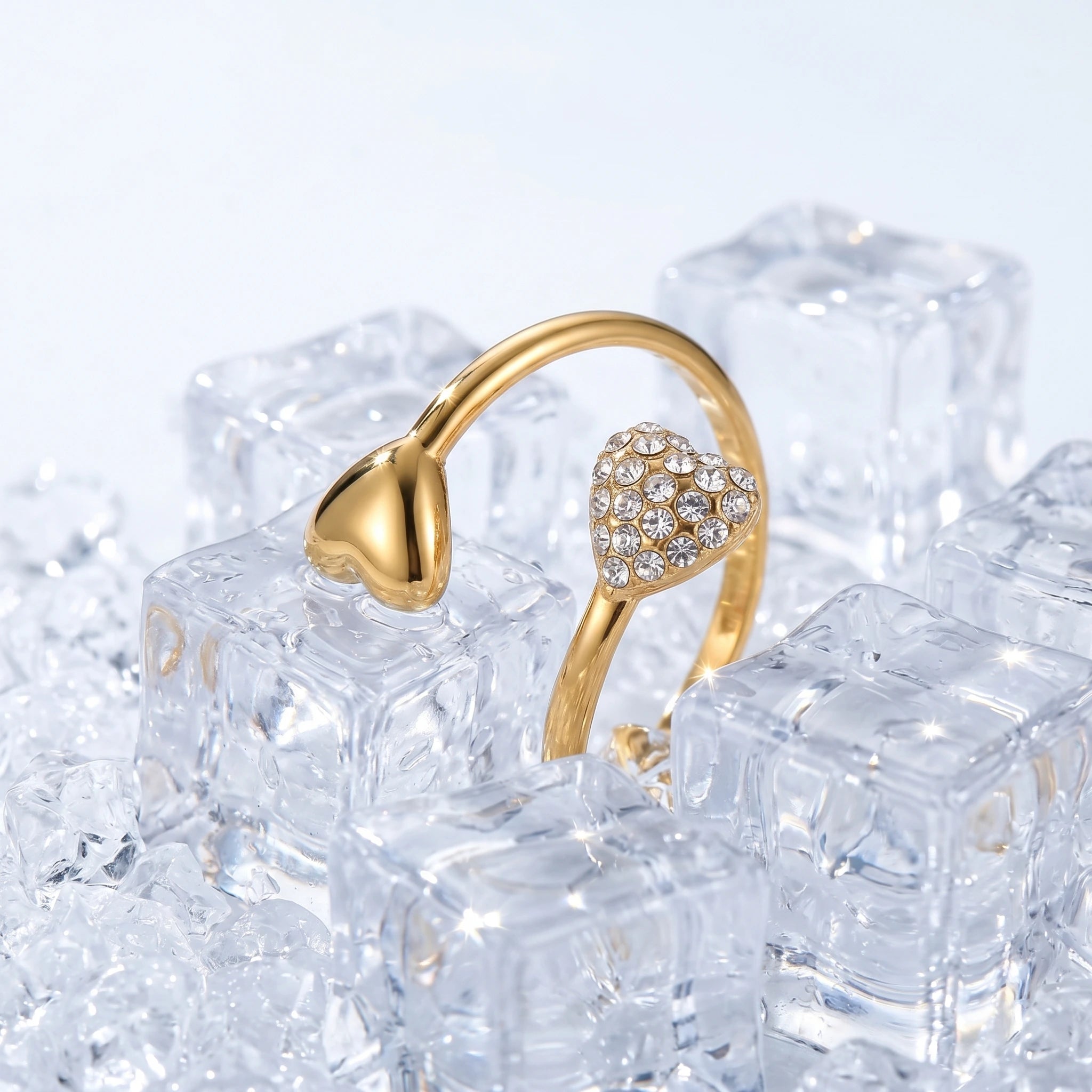 Dual Heart Pave Crystal Bypass Ring – 18K PVD Gold Plated