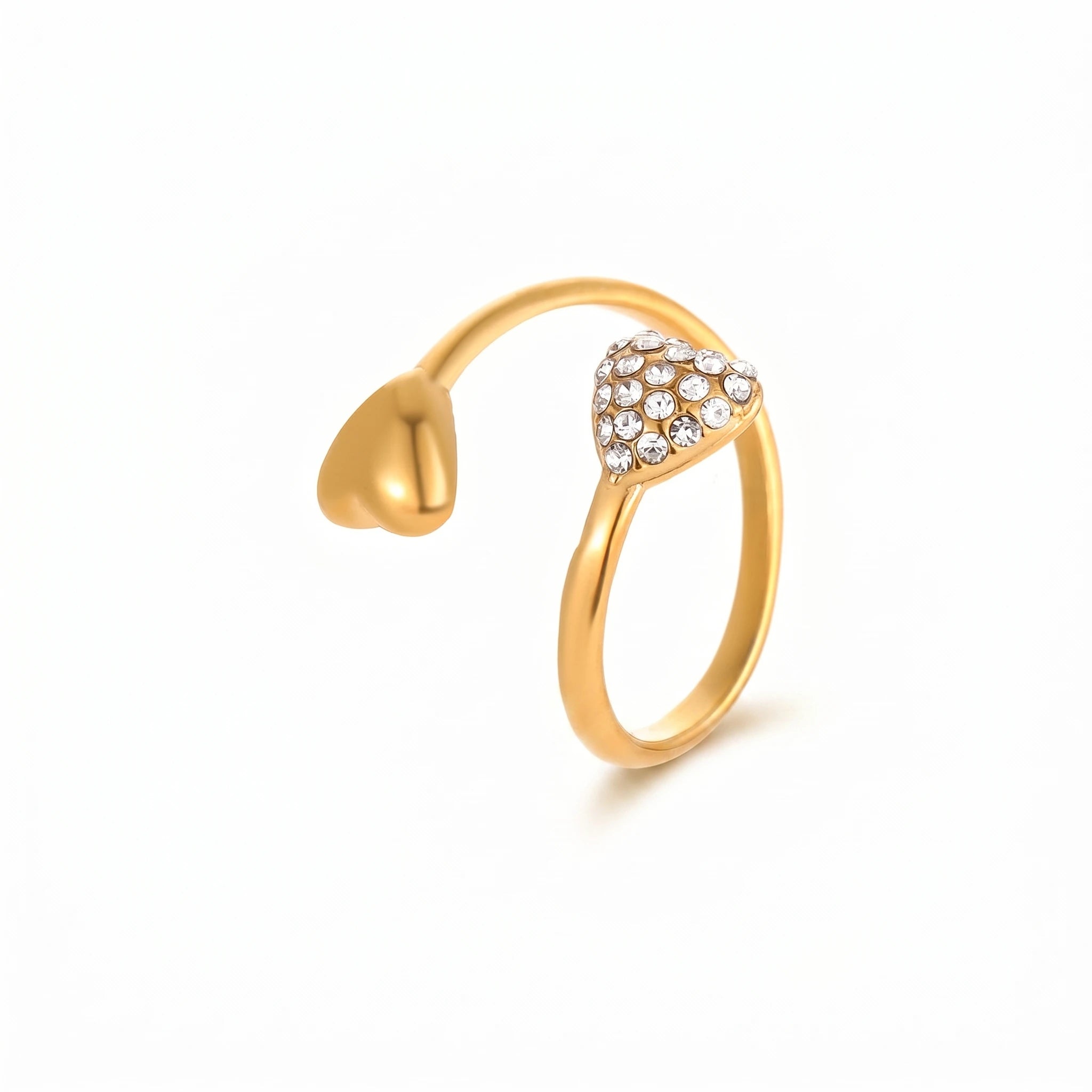 Dual Heart Pave Crystal Bypass Ring – 18K PVD Gold Plated