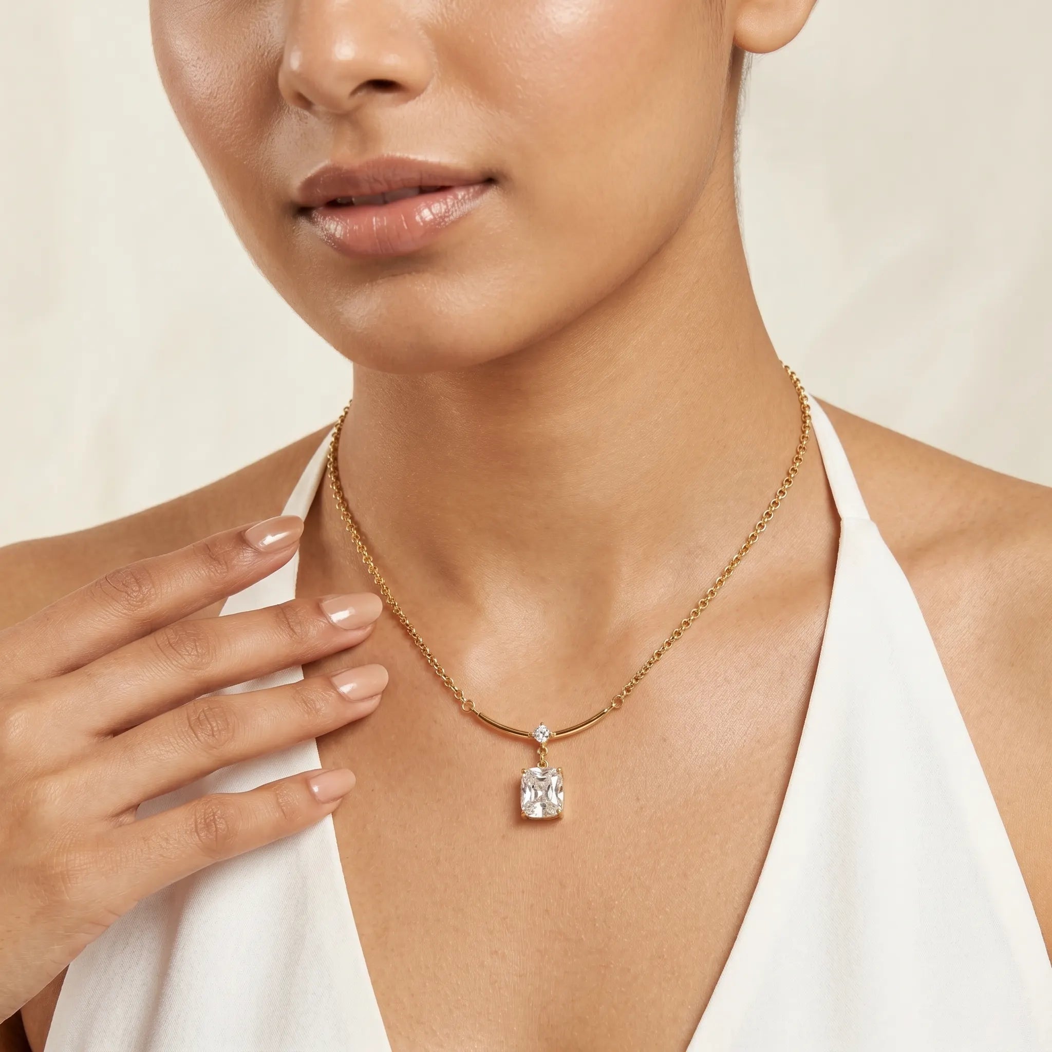 Emerald Cut Crystal Bar Pendant Necklace – 18K PVD Gold Plated