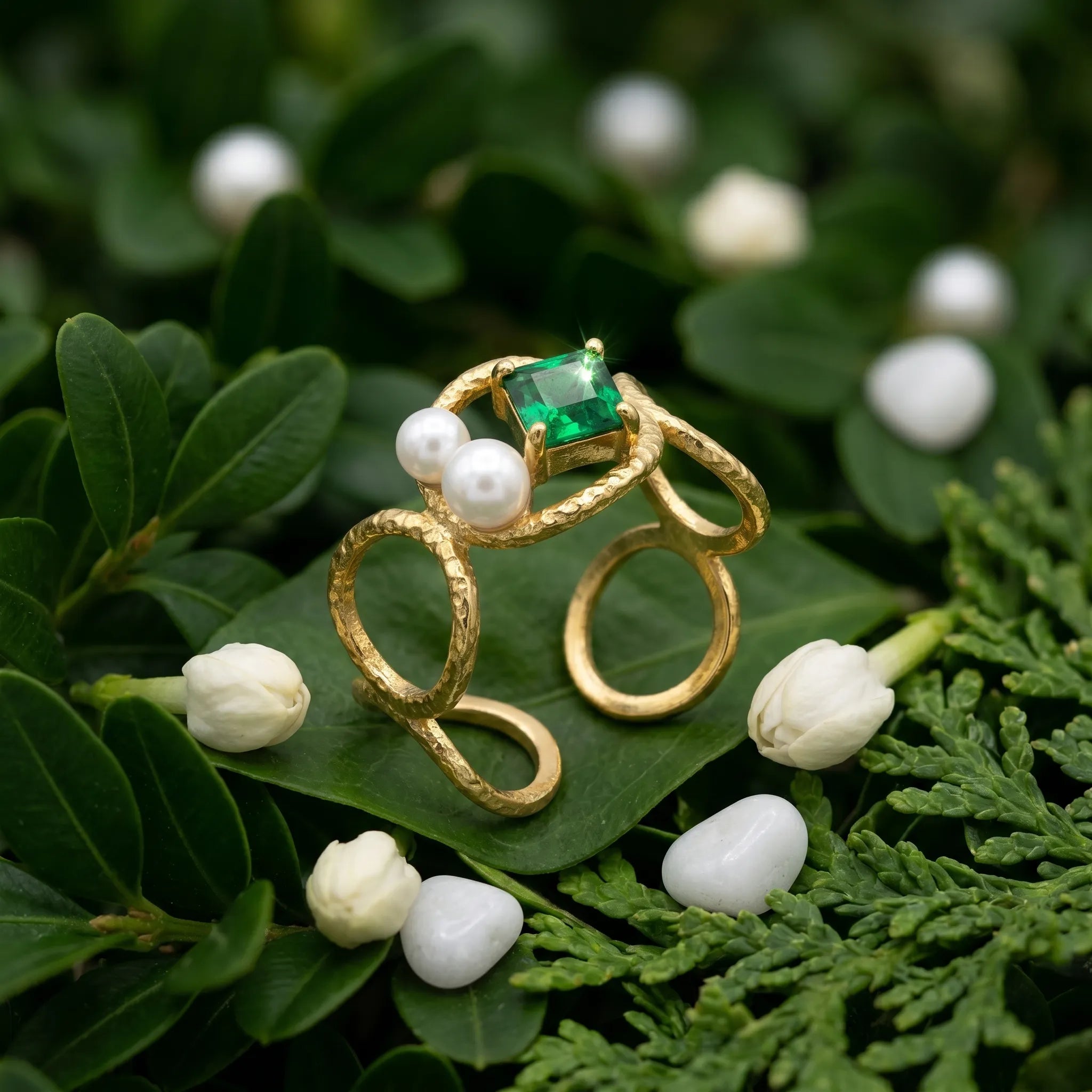 Emerald & Pearl Open Ring – 18K Gold Plated