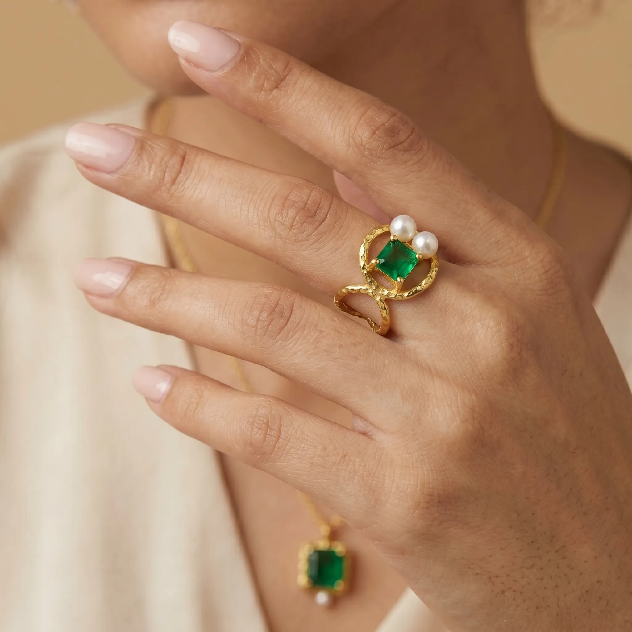Emerald & Pearl Open Ring – 18K Gold Plated