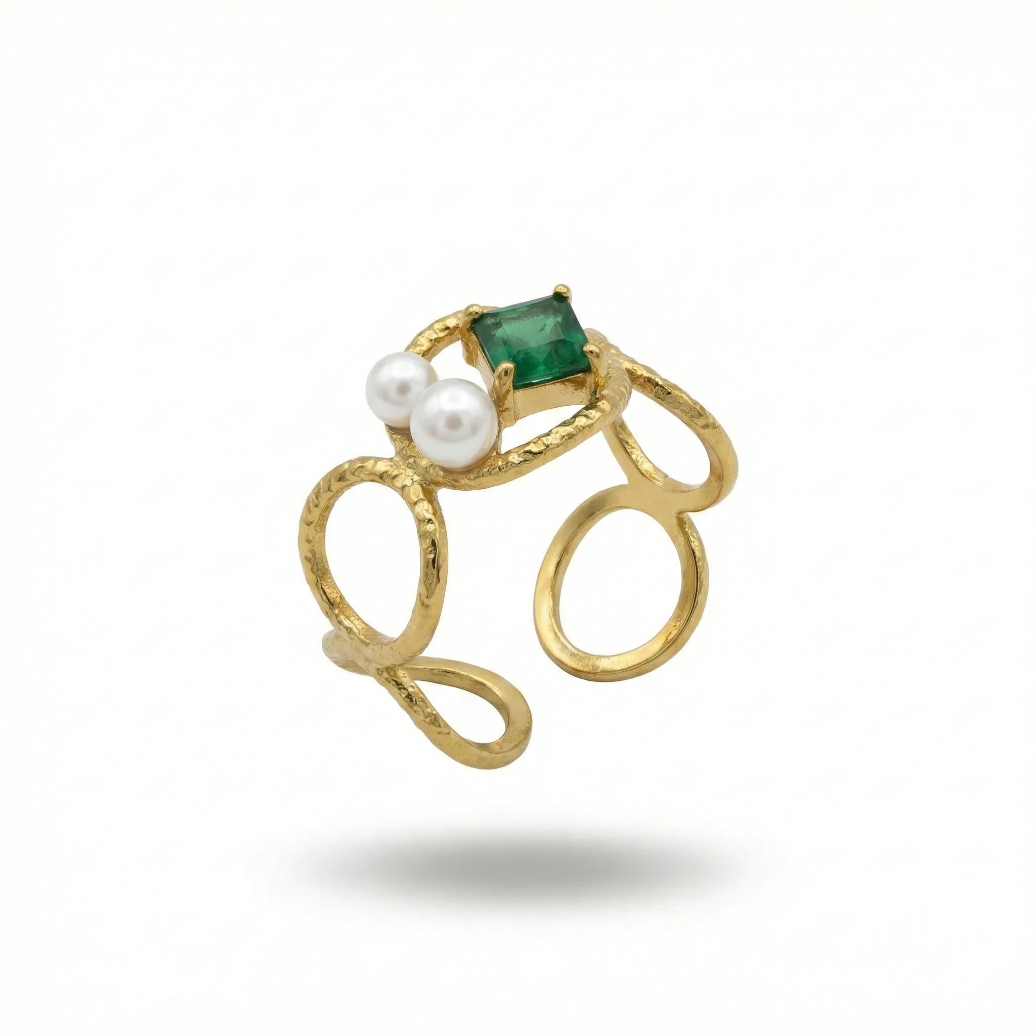 Emerald & Pearl Open Ring – 18K Gold Plated