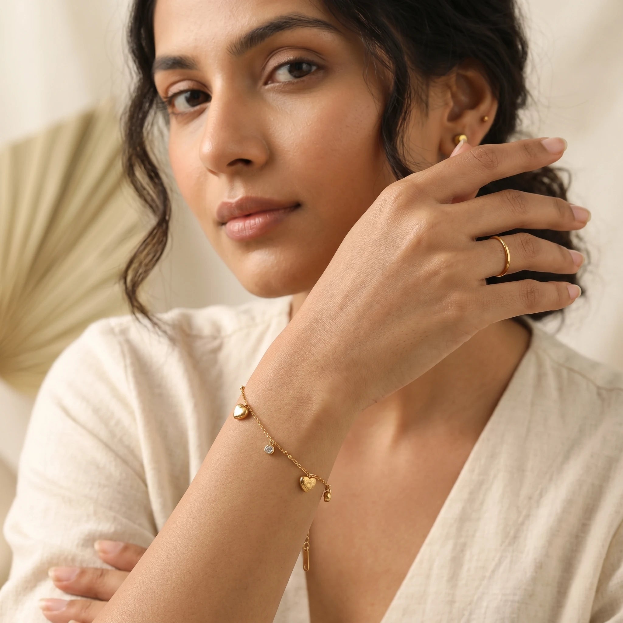 Gold Heart Charm Crystal Bracelet – 18K PVD Gold Plated