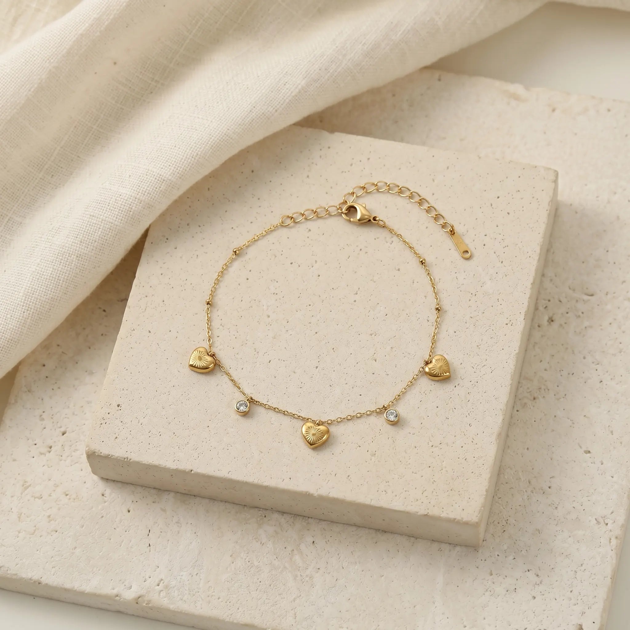 Gold Heart Charm Crystal Bracelet – 18K PVD Gold Plated