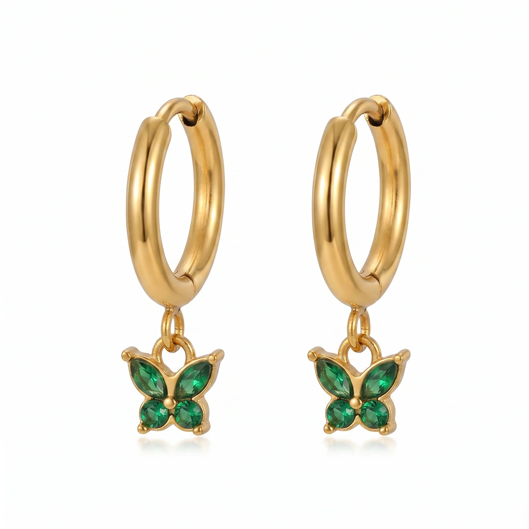 Green Butterfly Crystal Hoop Earrings – 18K PVD Gold Plated