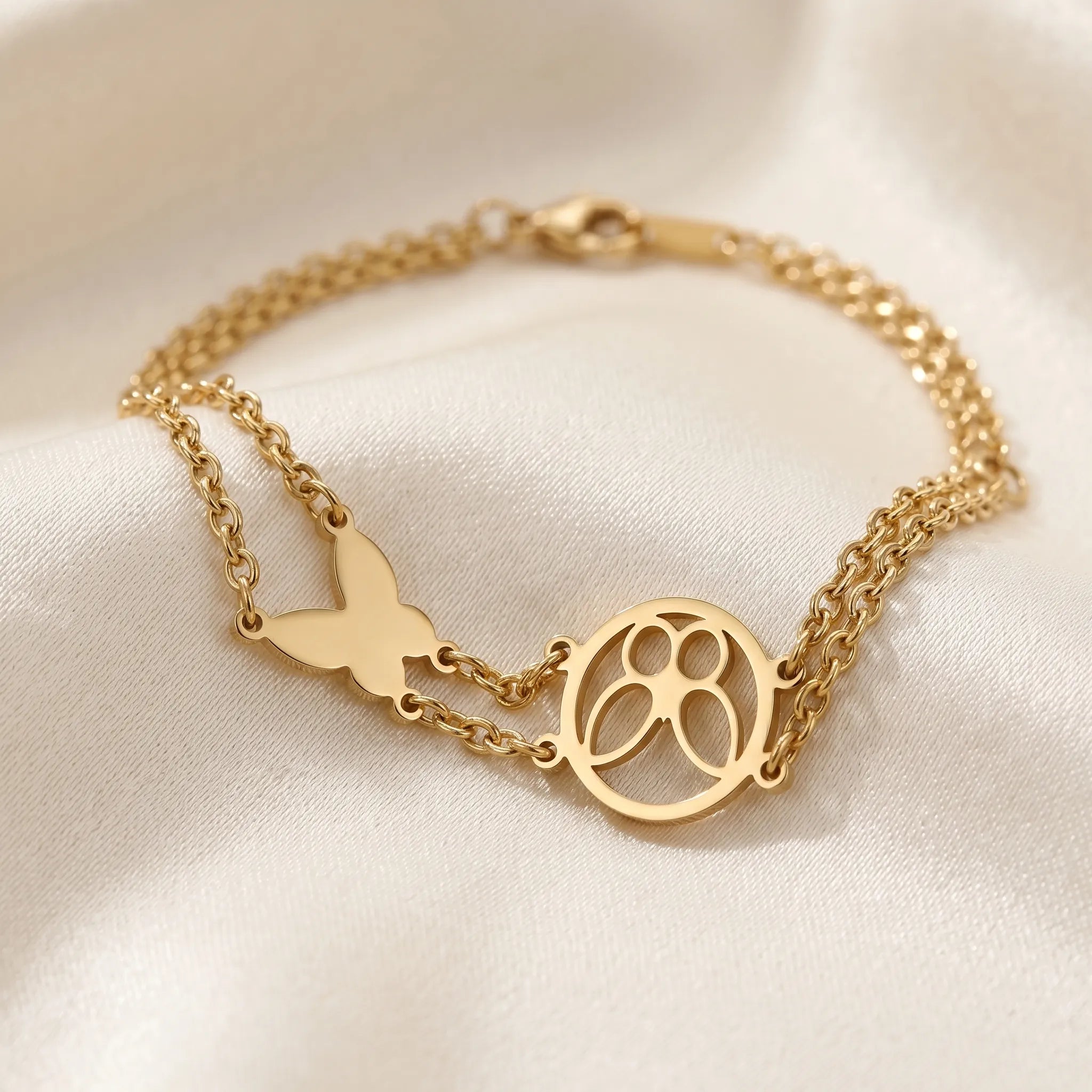 Butterfly & Paw Print Layered Bracelet – 18K Gold Plated