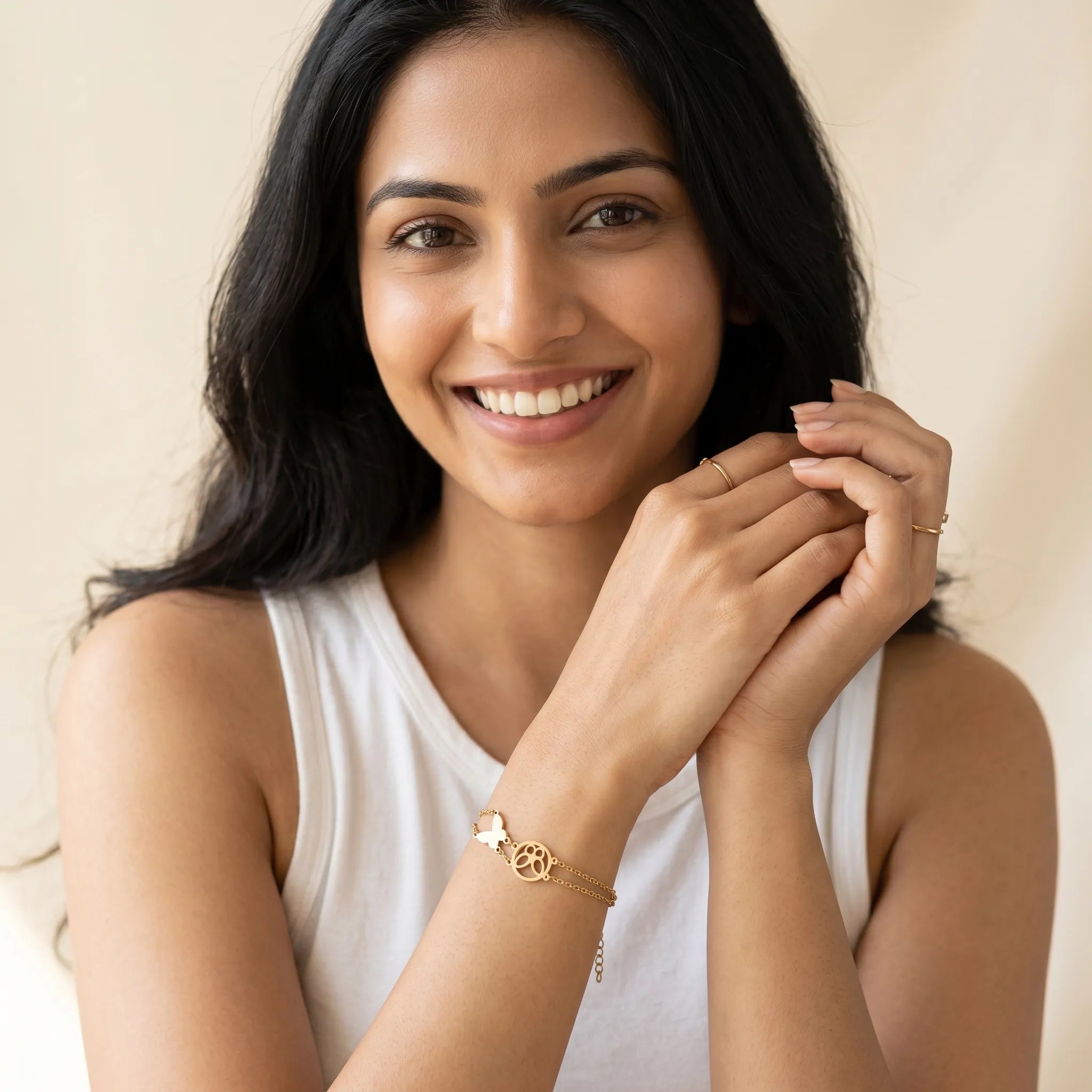 Butterfly & Paw Print Layered Bracelet – 18K Gold Plated