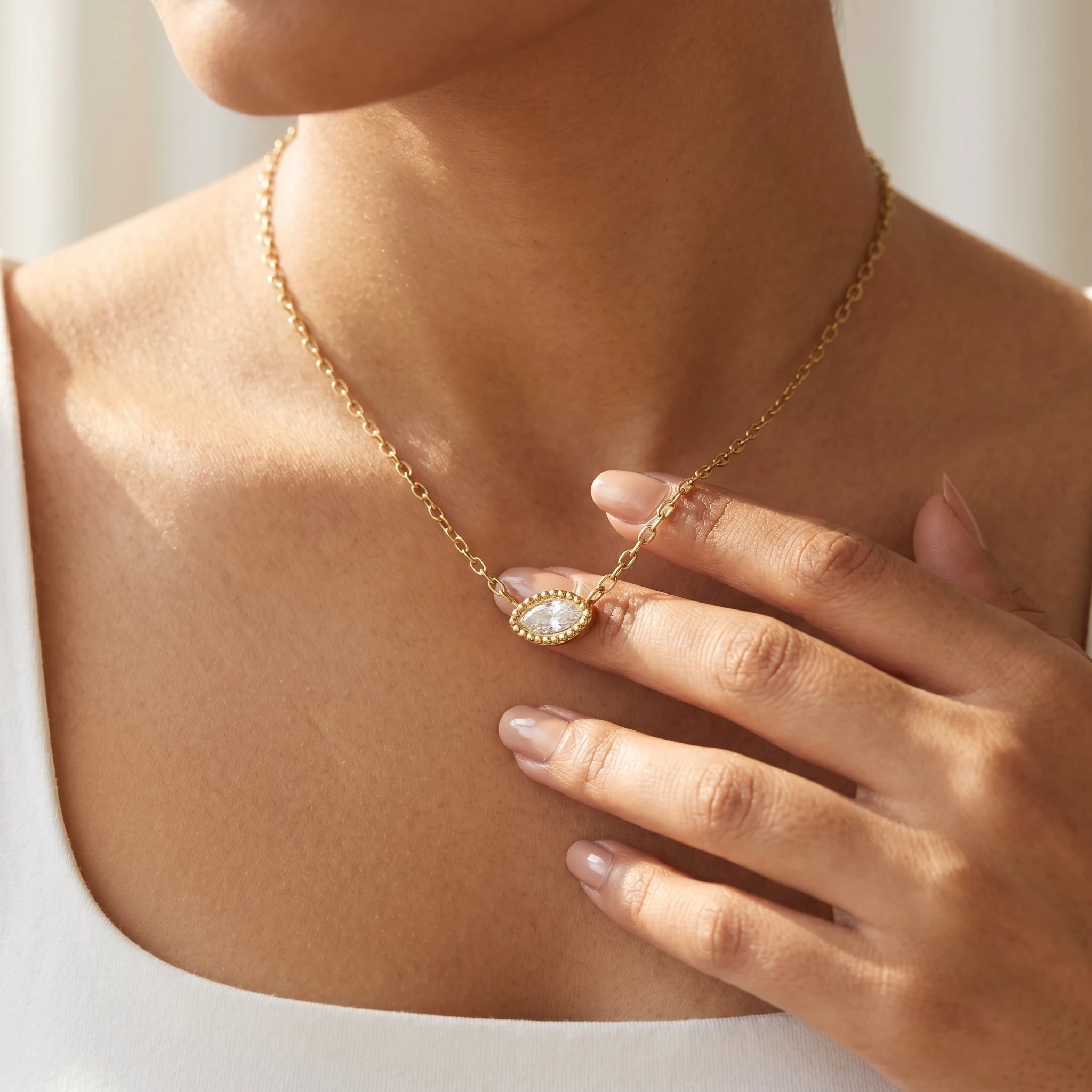 Marquise Crystal Beaded Bezel Necklace – 18K PVD Gold Plated