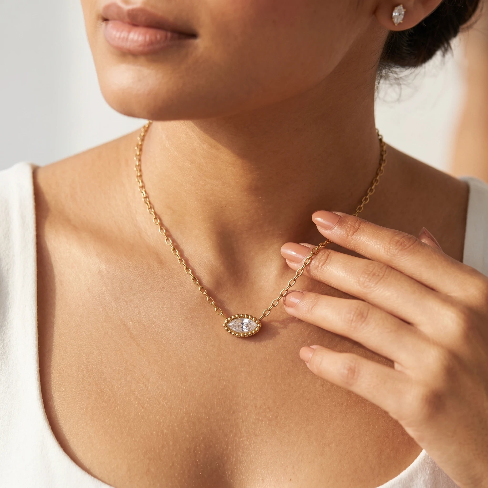 Marquise Crystal Beaded Bezel Necklace – 18K PVD Gold Plated