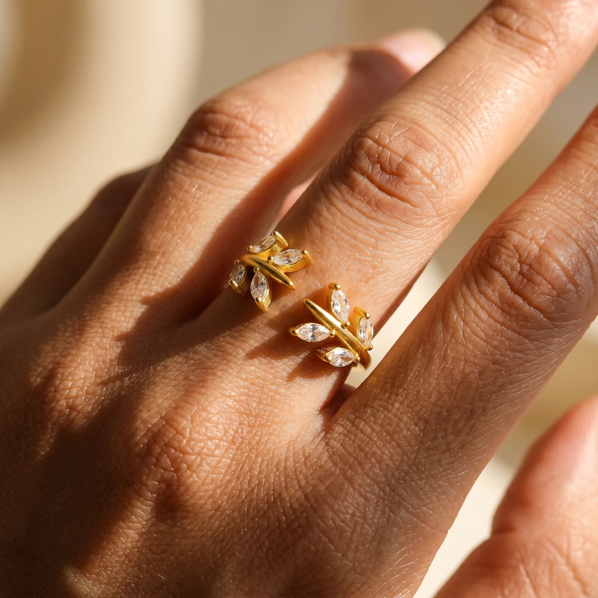 Marquise Leaf Crystal Adjustable Ring – 18K PVD Gold Plated