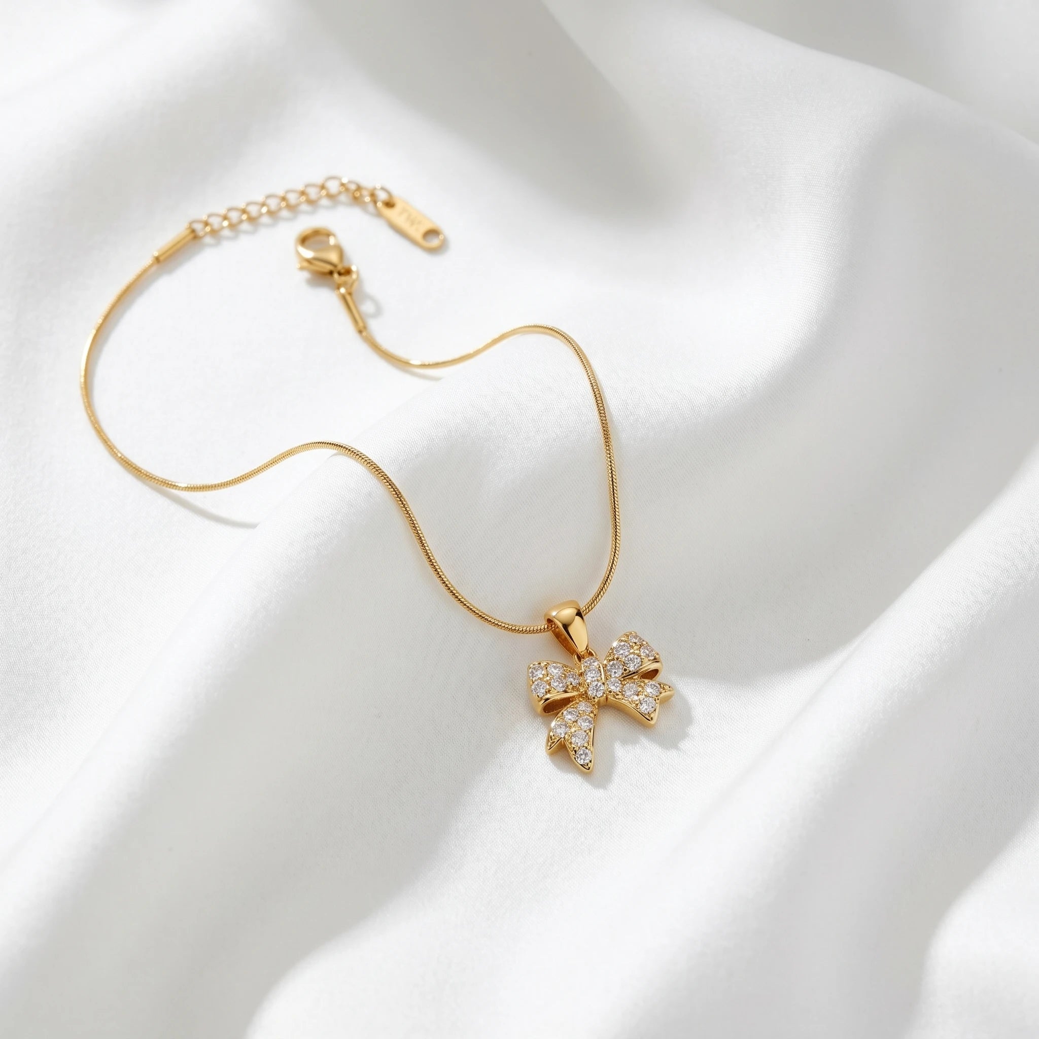 Pave Crystal Bow Pendant Snake Chain Necklace – 18K PVD Gold Plated