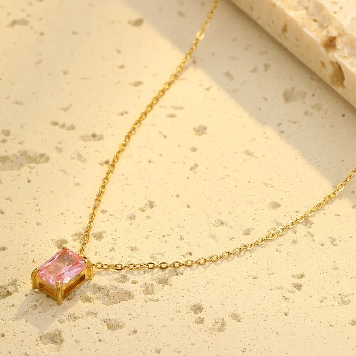 Pink Baguette Solitaire Pendant Necklace – 18K PVD Gold Plated