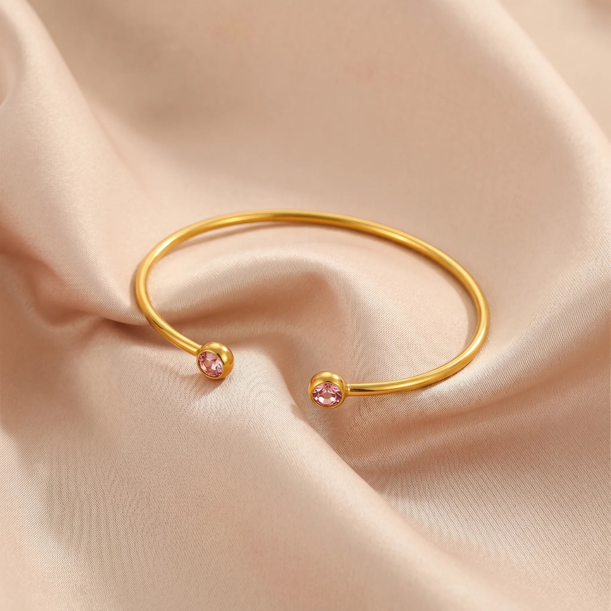 Pink Crystal Dual Bezel Open Cuff Bangle – 18K PVD Gold Plated