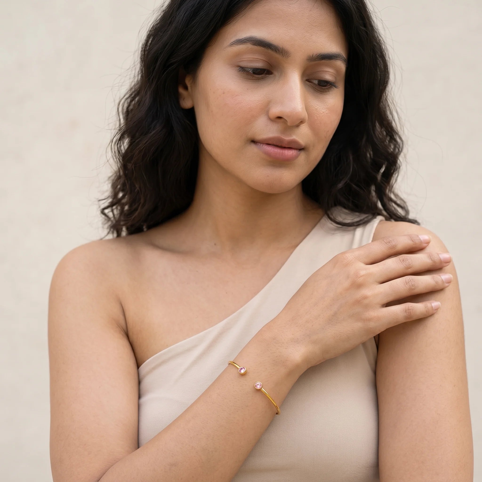 Pink Crystal Dual Bezel Open Cuff Bangle – 18K PVD Gold Plated