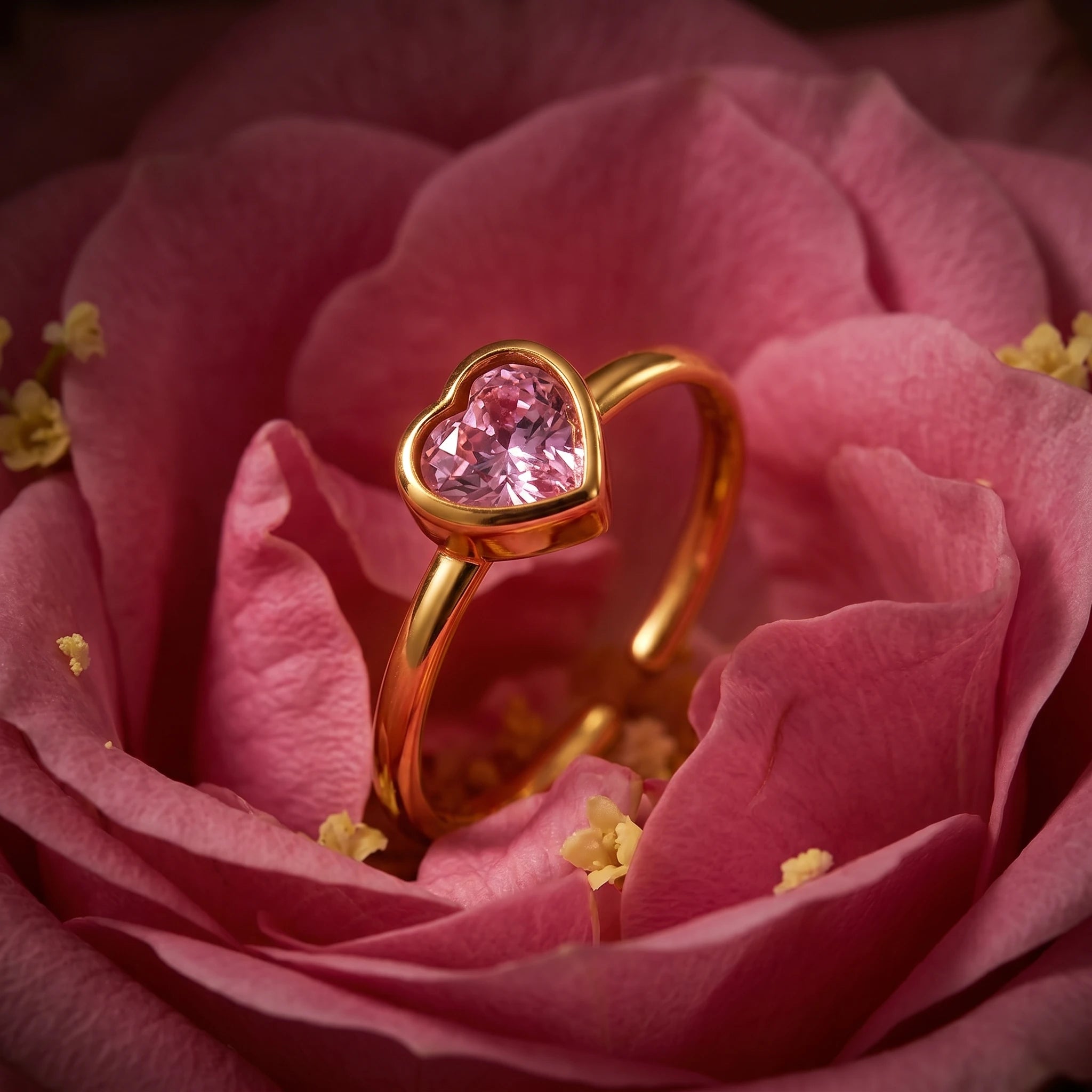 Pink Heart Bezel Open Adjustable Ring – 18K PVD Gold Plated