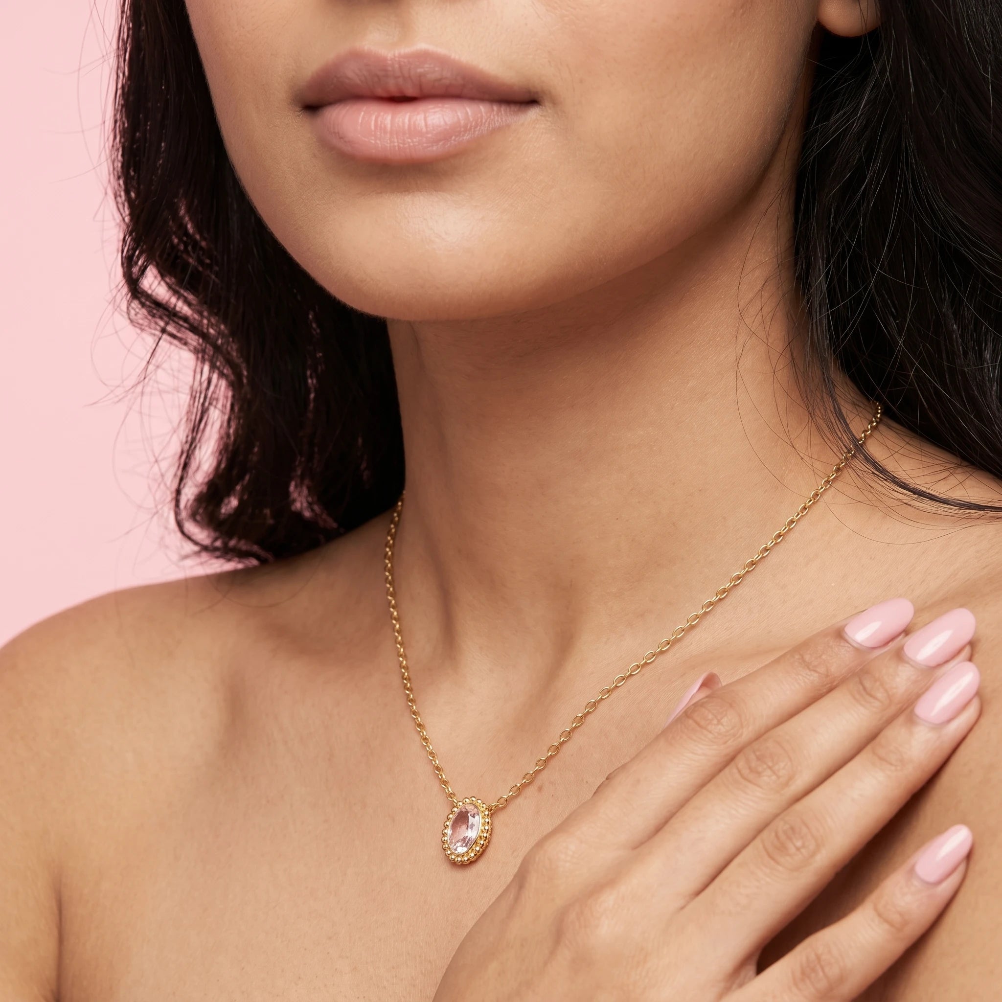 Pink Oval Crystal Beaded Bezel Necklace – 18K PVD Gold Plated