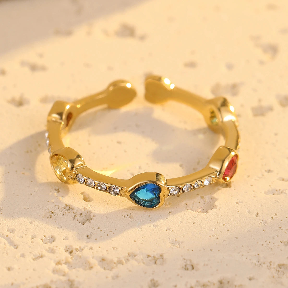 Rainbow Heart Crystal Adjustable Ring – 18K PVD Gold Plated
