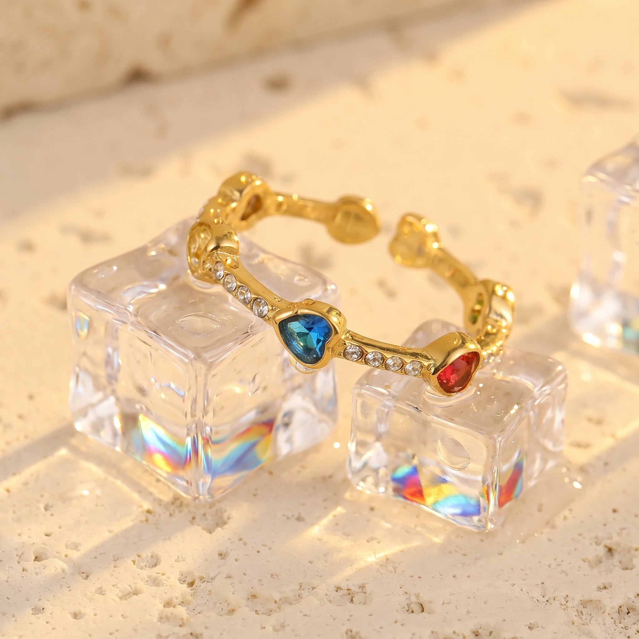 Rainbow Heart Crystal Adjustable Ring – 18K PVD Gold Plated