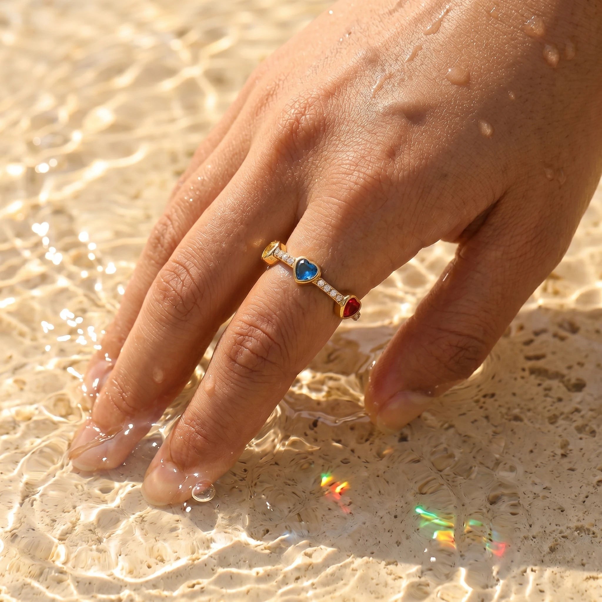 Rainbow Heart Crystal Adjustable Ring – 18K PVD Gold Plated