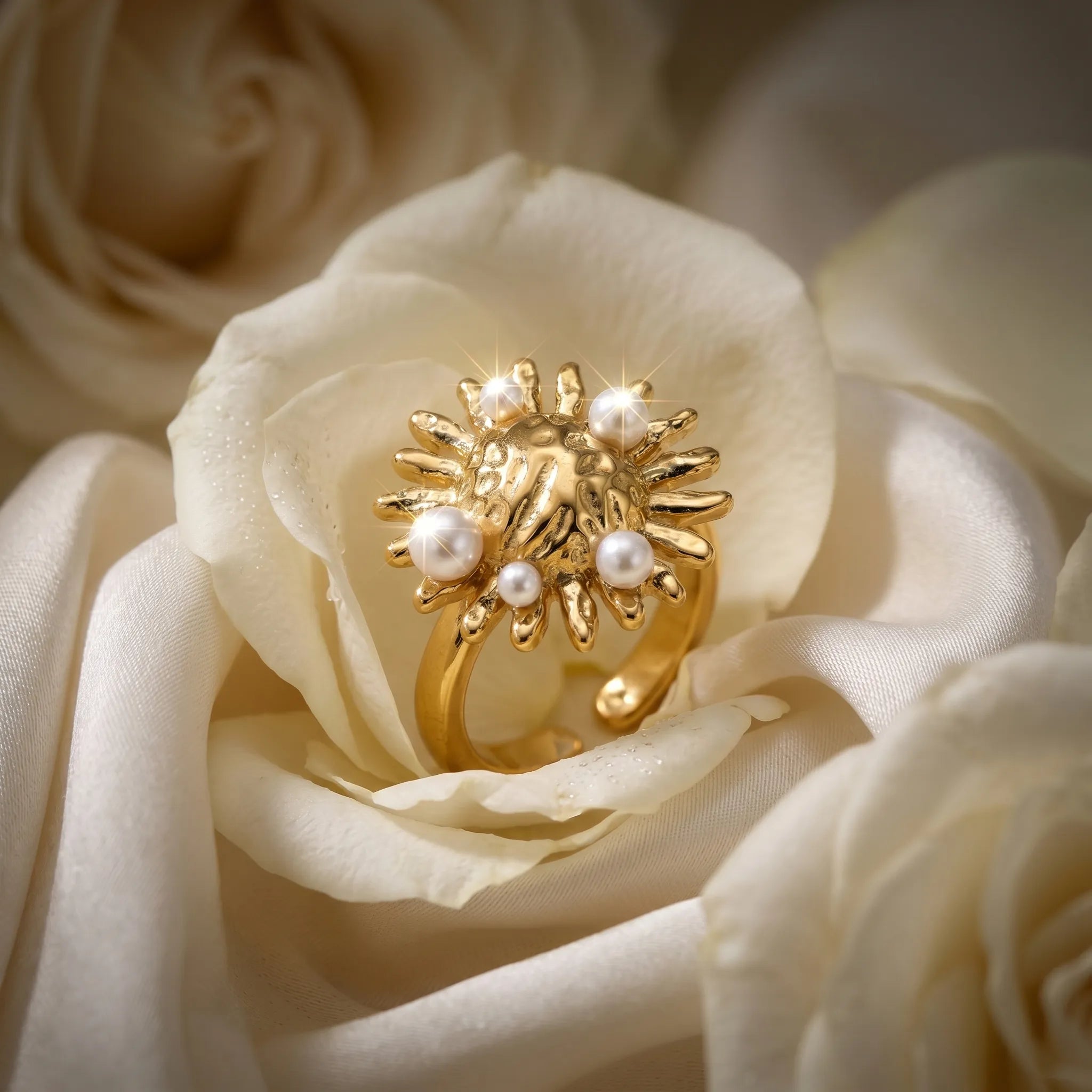 Sunburst Pearl Statement Ring - 18K Gold Plated Adjustable