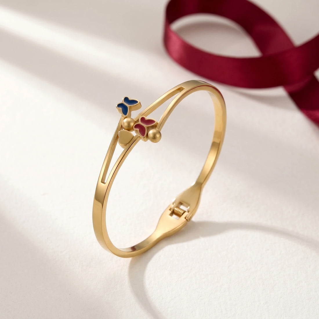 Twin Butterfly Enamel Bangle – 18K Gold Plated
