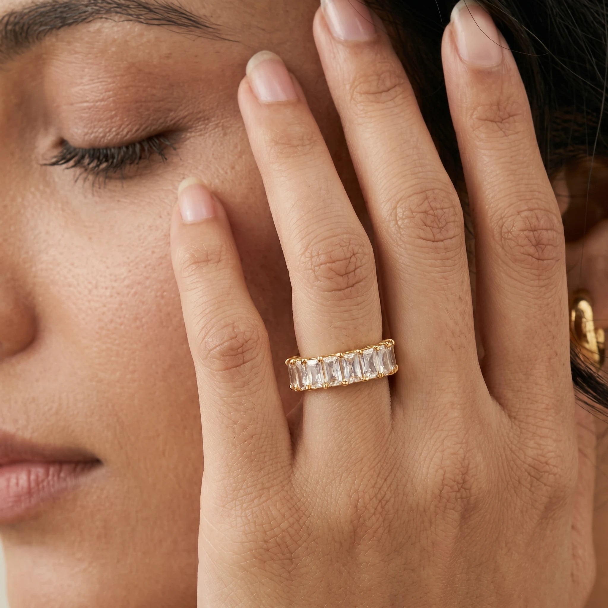 Baguette Crystal Full Eternity Ring – 18K PVD Gold Plated