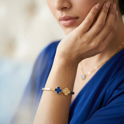 Blue &amp; Gold Clover Cuff – 18K Gold Plated