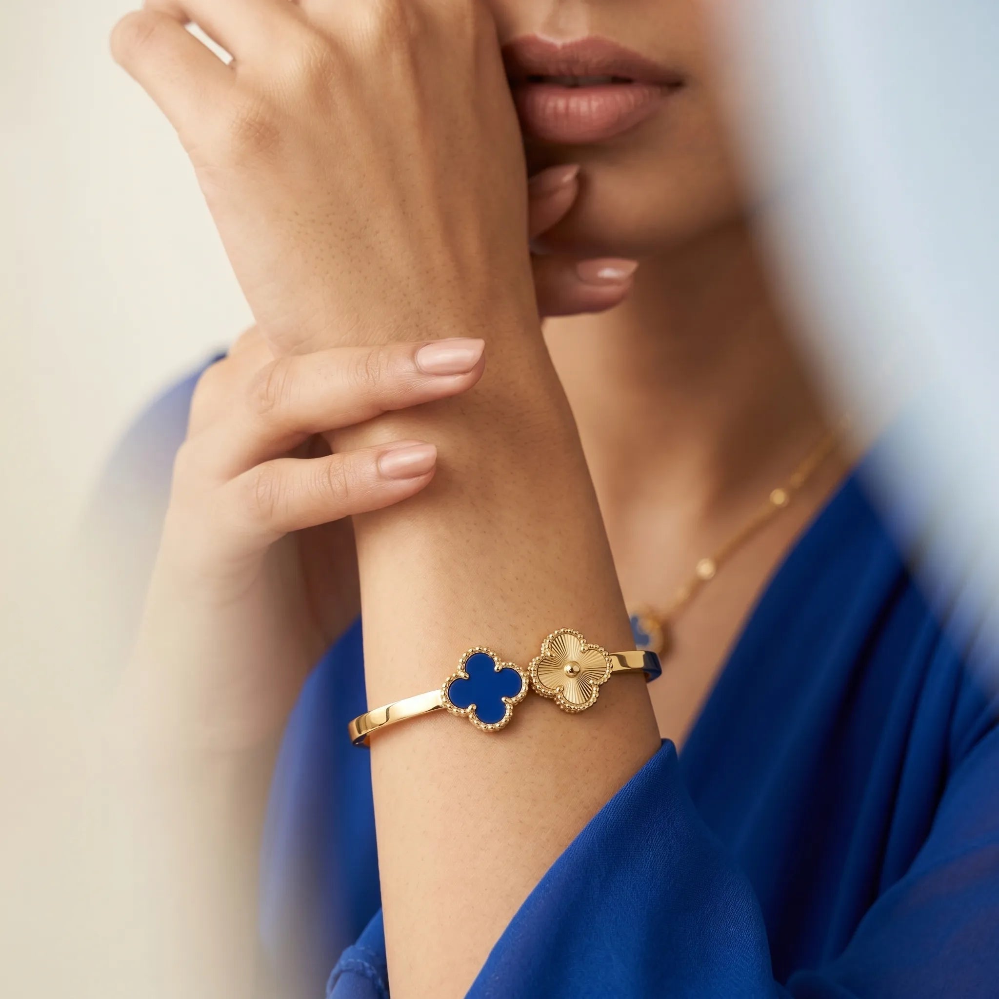 Blue &amp; Gold Clover Cuff – 18K Gold Plated