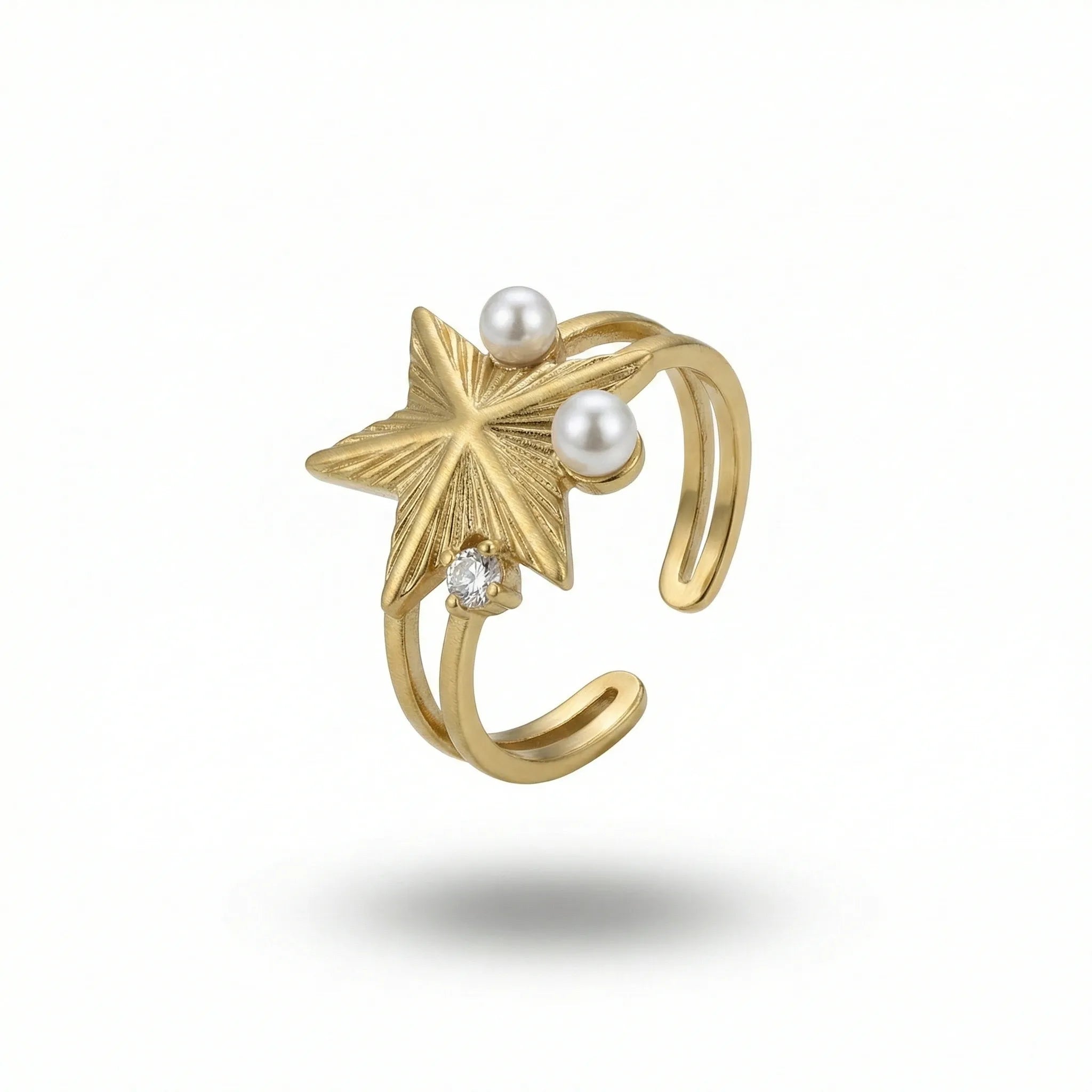 Celestial Star &amp; Pearl Ring – 18K Gold Plated