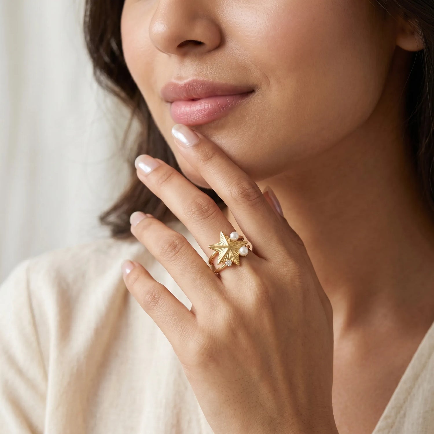 Celestial Star &amp; Pearl Ring – 18K Gold Plated
