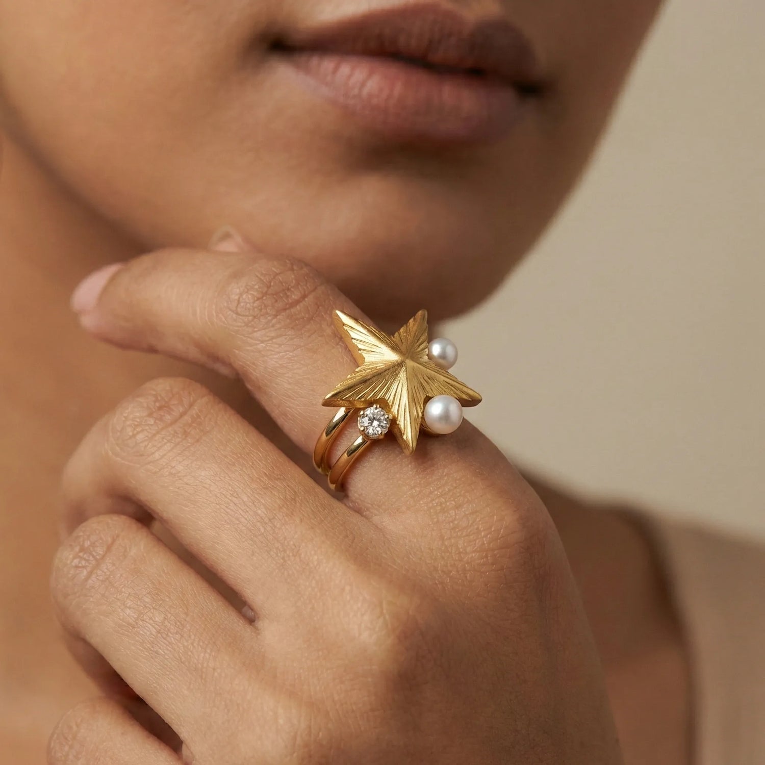 Celestial Star &amp; Pearl Ring – 18K Gold Plated