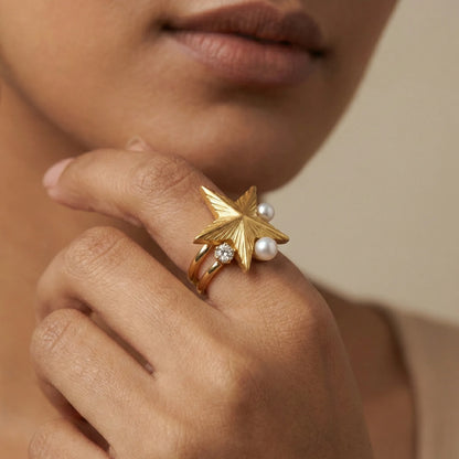 Celestial Star &amp; Pearl Ring – 18K Gold Plated