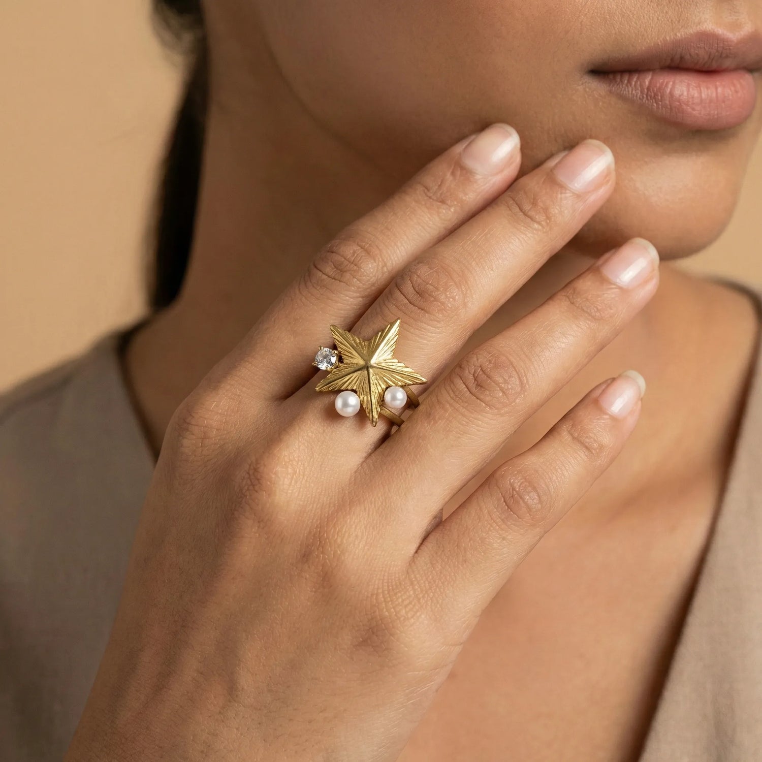 Celestial Star &amp; Pearl Ring – 18K Gold Plated