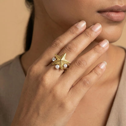 Celestial Star &amp; Pearl Ring – 18K Gold Plated