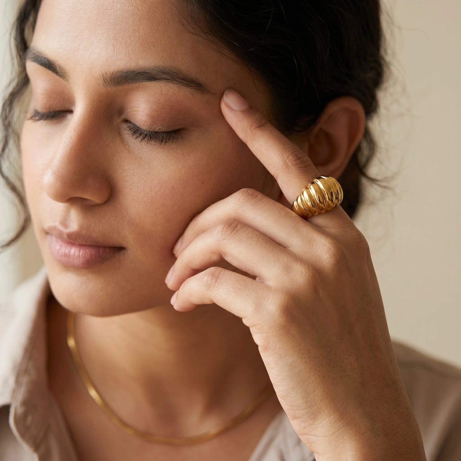 Chunky Ribbed Croissant Dome Gold Ring – 18K PVD Gold Plated
