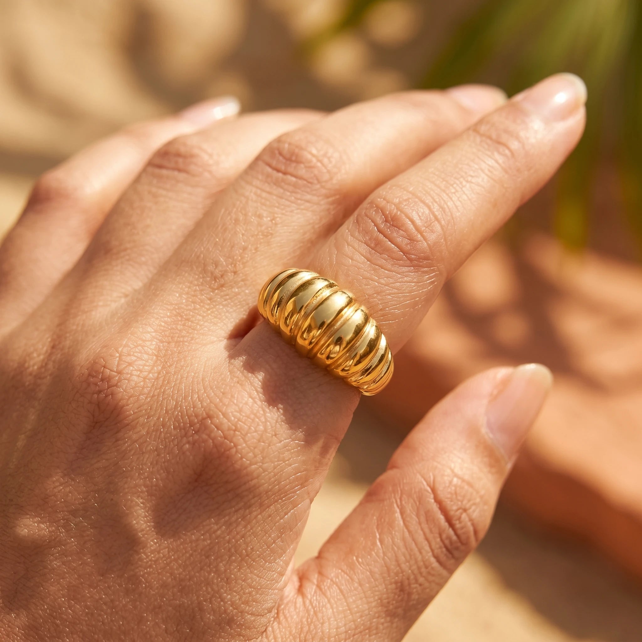 Chunky Ribbed Croissant Dome Gold Ring – 18K PVD Gold Plated