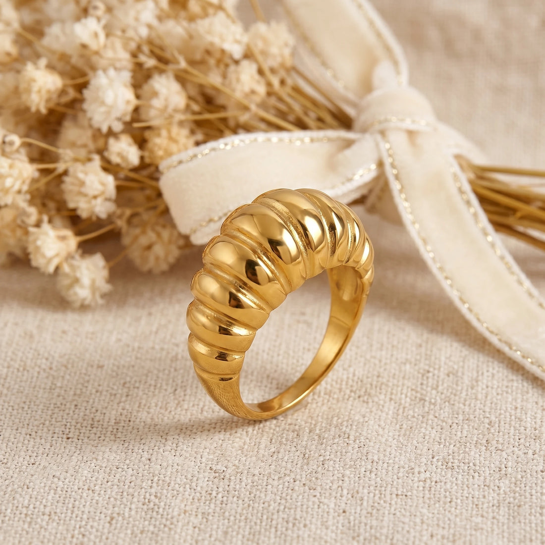 Chunky Ribbed Croissant Dome Gold Ring – 18K PVD Gold Plated
