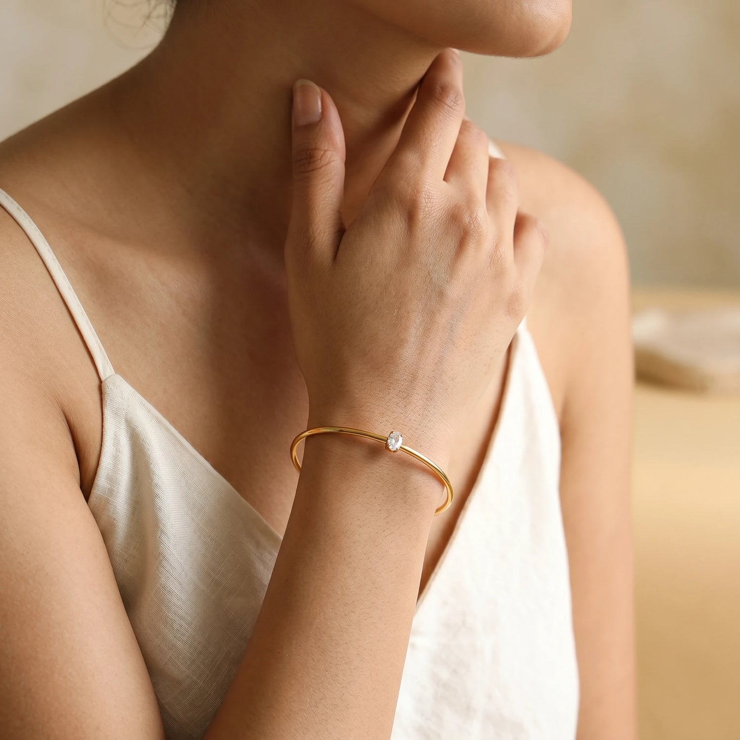 Crystal Ball-End Open Cuff Bangle – 18K PVD Gold Plated
