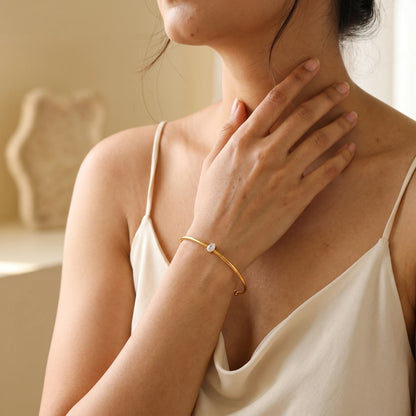 Crystal Ball-End Open Cuff Bangle – 18K PVD Gold Plated