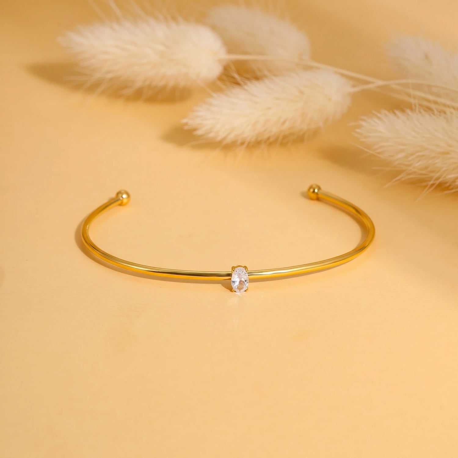 Crystal Ball-End Open Cuff Bangle – 18K PVD Gold Plated