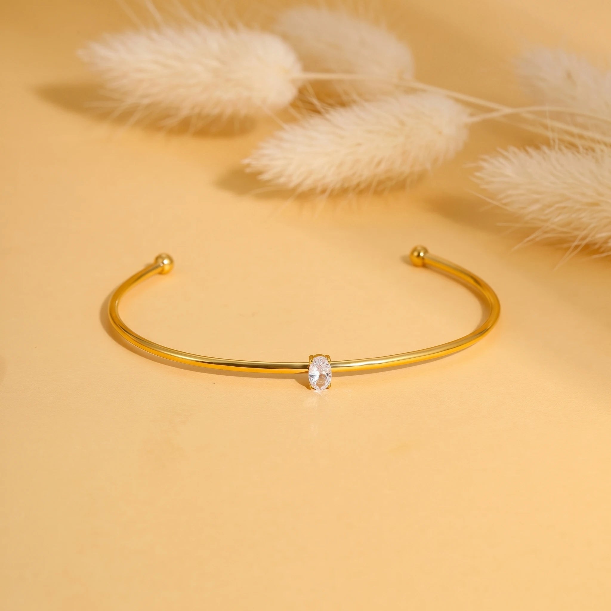Crystal Ball-End Open Cuff Bangle – 18K PVD Gold Plated