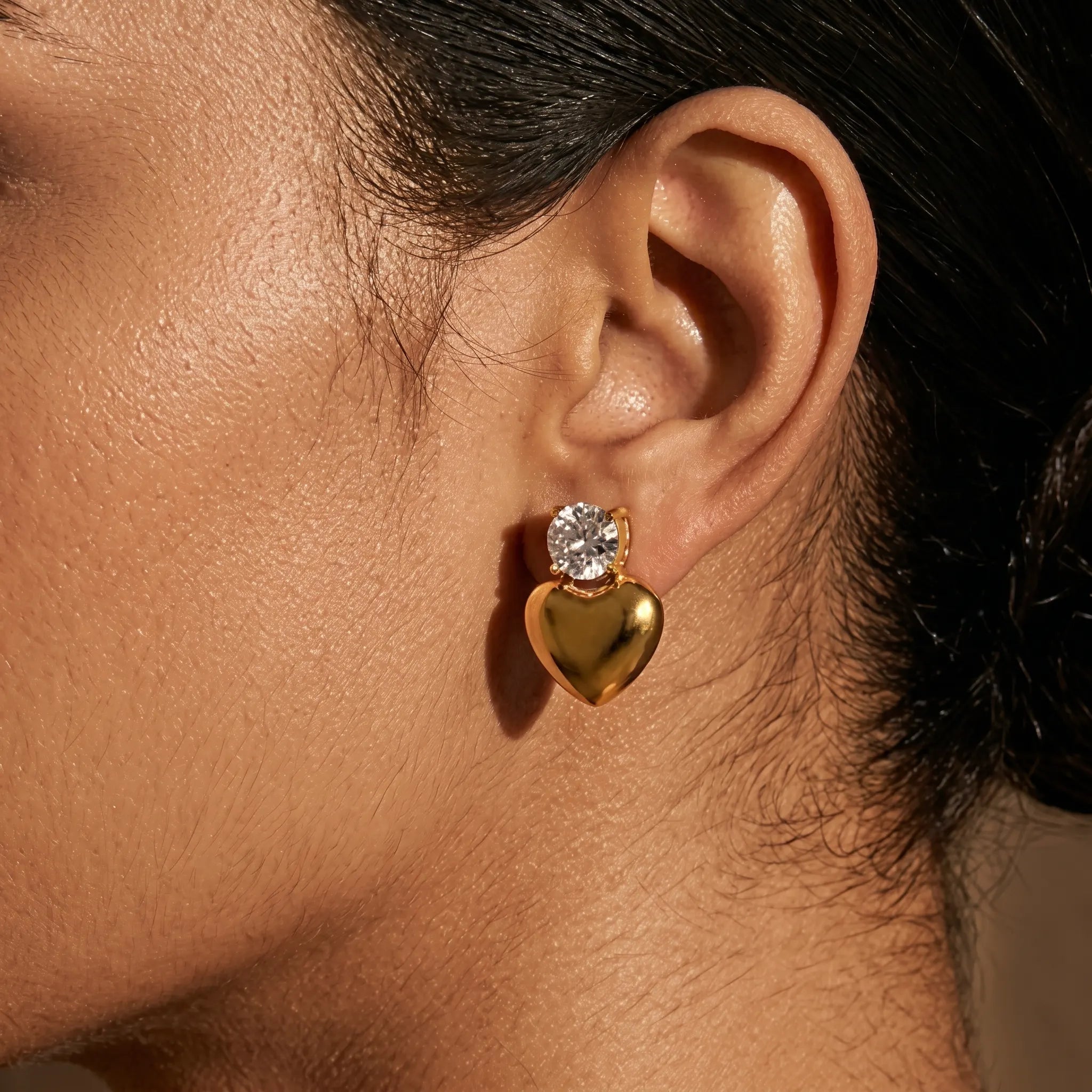 Crystal Heart Drop Gold Stud Earrings – 18K PVD Gold Plated