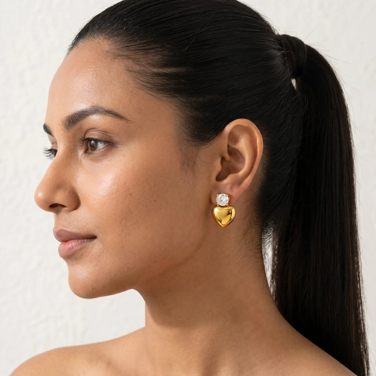 Crystal Heart Drop Gold Stud Earrings – 18K PVD Gold Plated