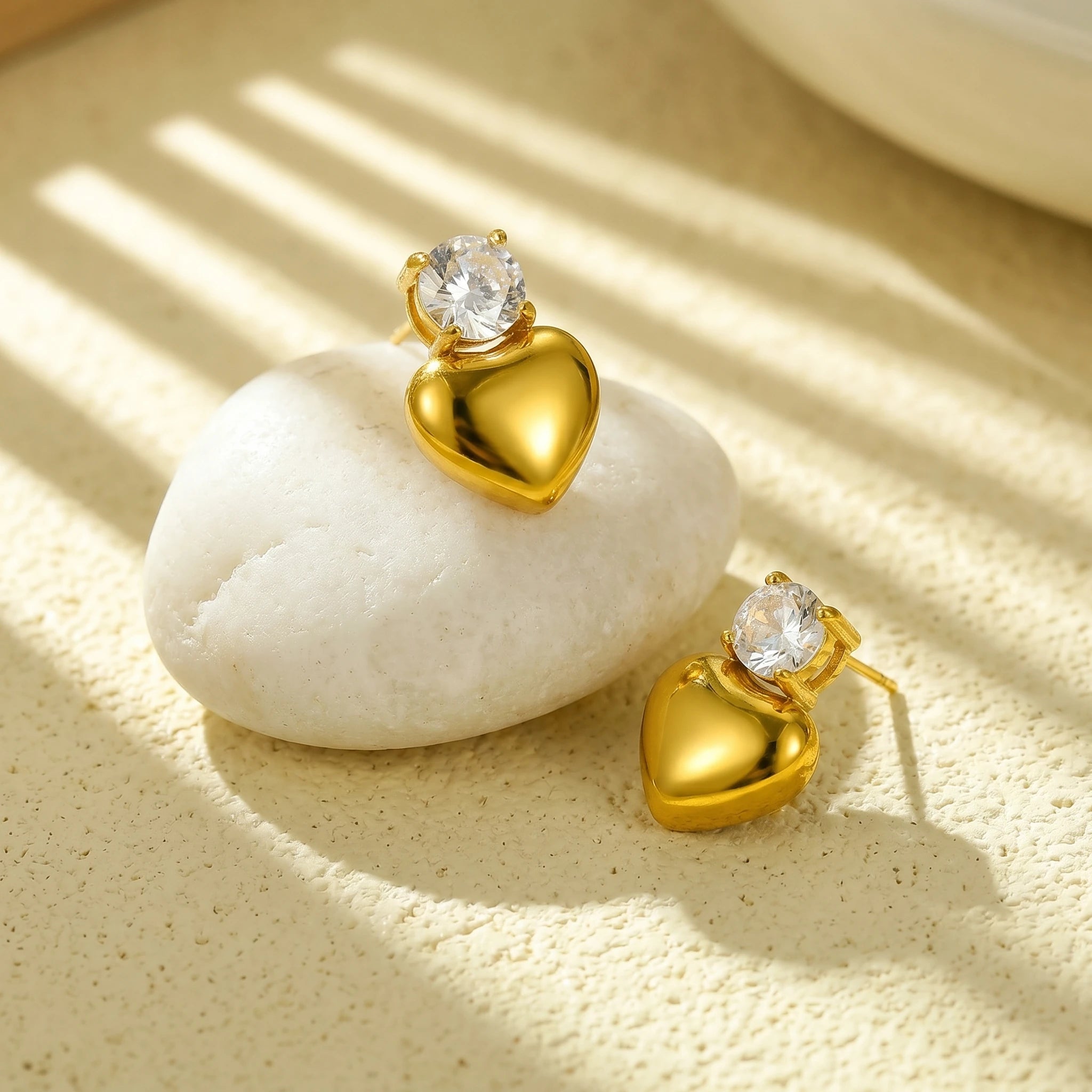Crystal Heart Drop Gold Stud Earrings – 18K PVD Gold Plated